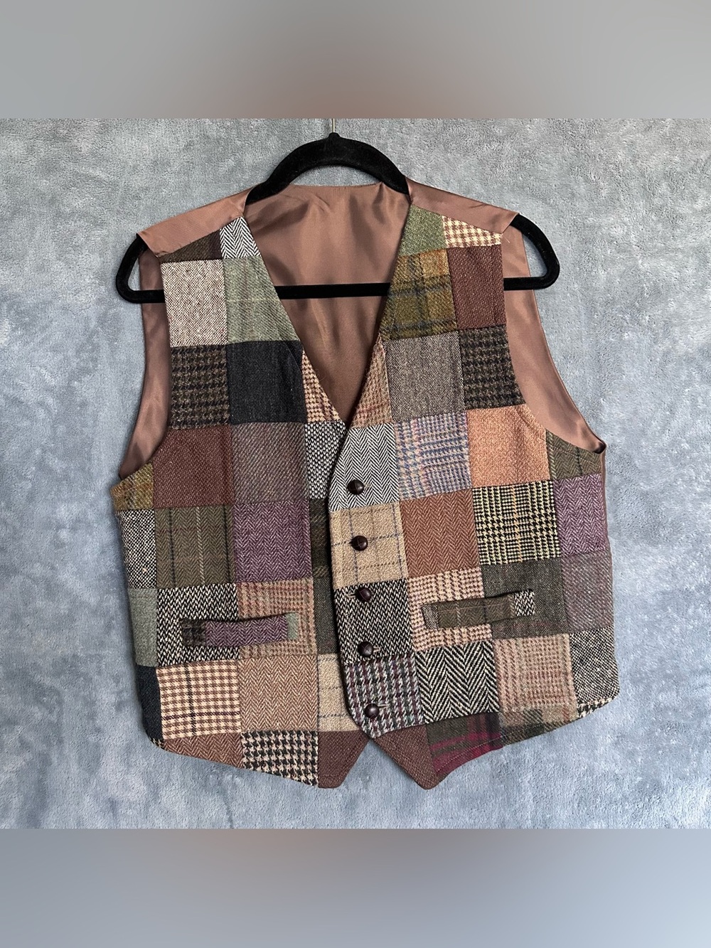 Hanna Hats Vintage Ireland Wool Handcrafted Patchwork Tweed Vest Brown Large